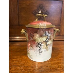 Antique Limoges France Hand Painted Grape Porcelain Lidded Biscuit Jar Gold Trim
